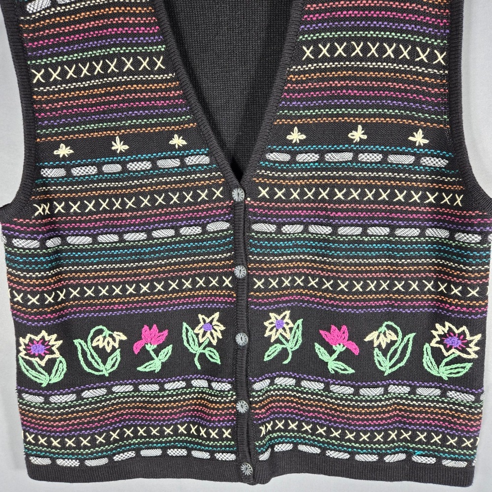 Koret Francisca Sweater Vest Womens L Black Floral Embroidered Knit Cottagecore - Picture 3 of 9